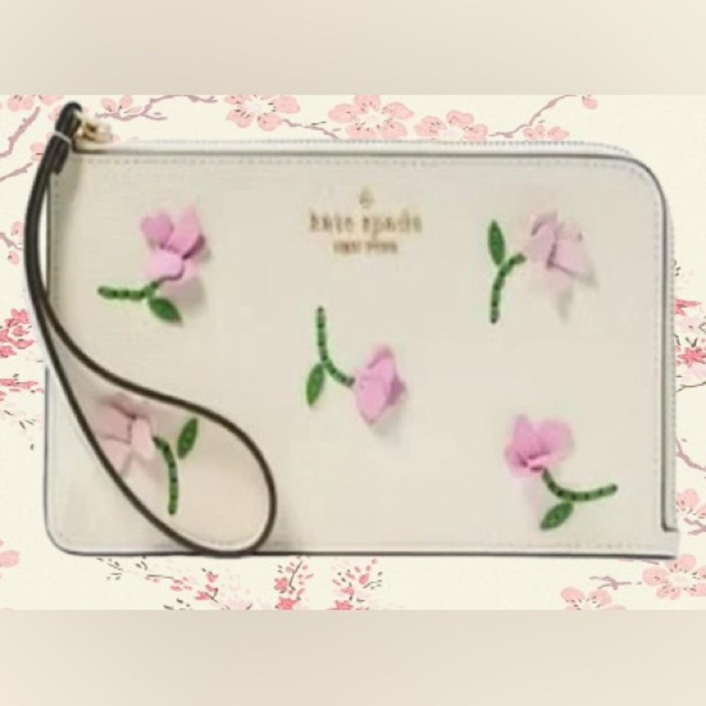 Kate Spade Cream Lucy Applique Medium L-Zip Wristlet with Pink Floral Accents